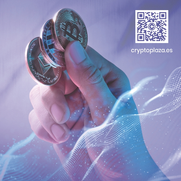 mano con monedas con logo de bitcoin y un codigo QR creado por nice people group