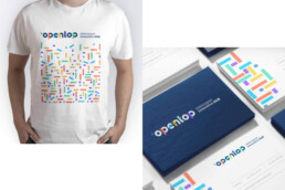 tarjetas personales y camiseta con logotipo de Opentop creado por nice people group
